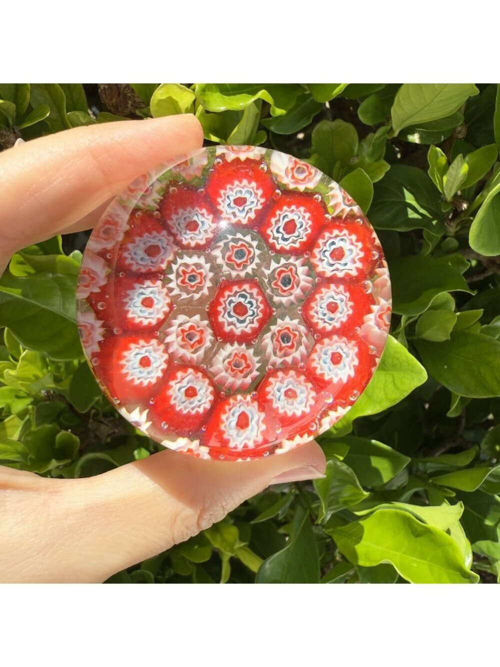 Vintage Millefiori Small Art Glass Paperweight Red White Blue Patriotic
